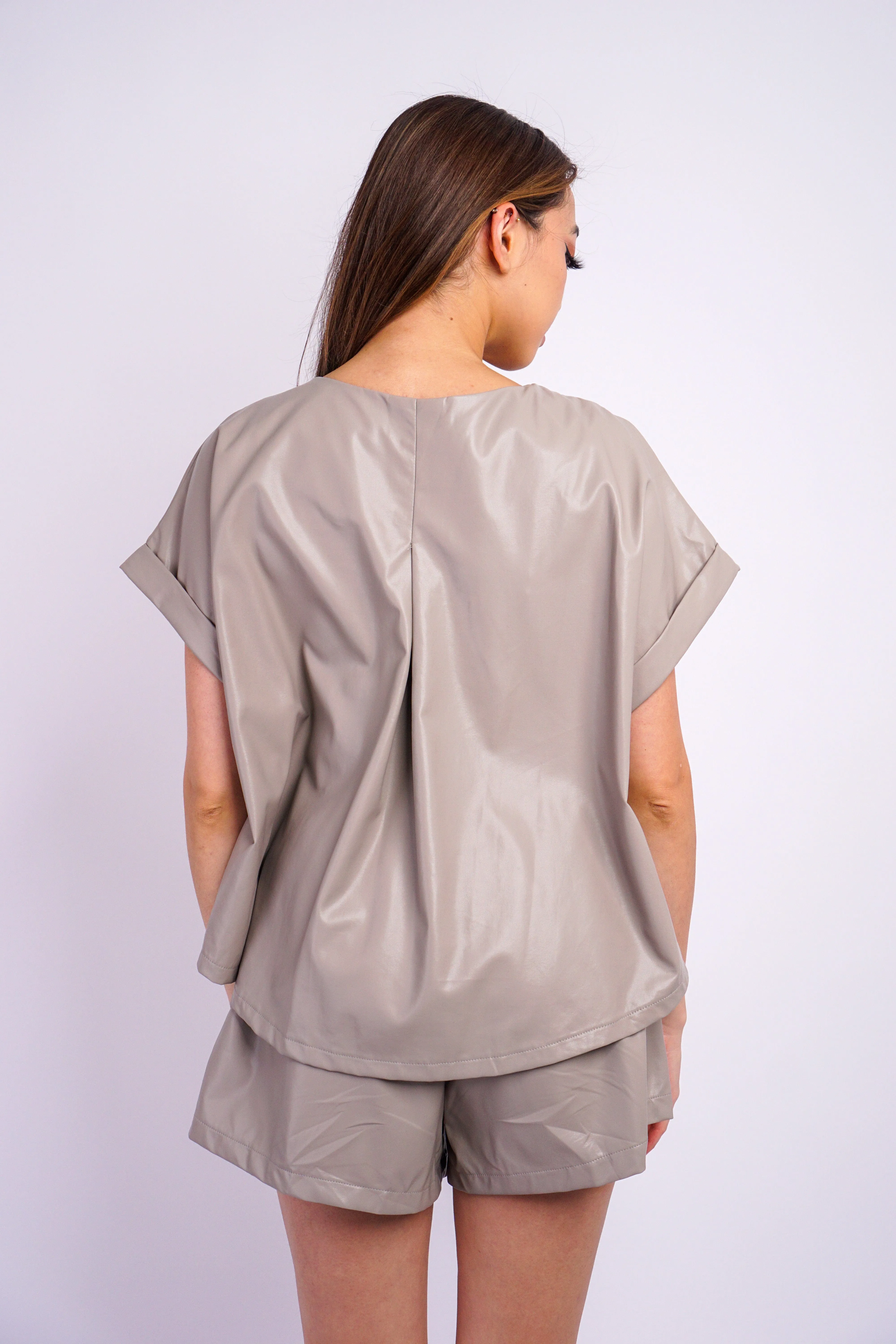 Light Grey Relaxed Crew Vegan Leather Top