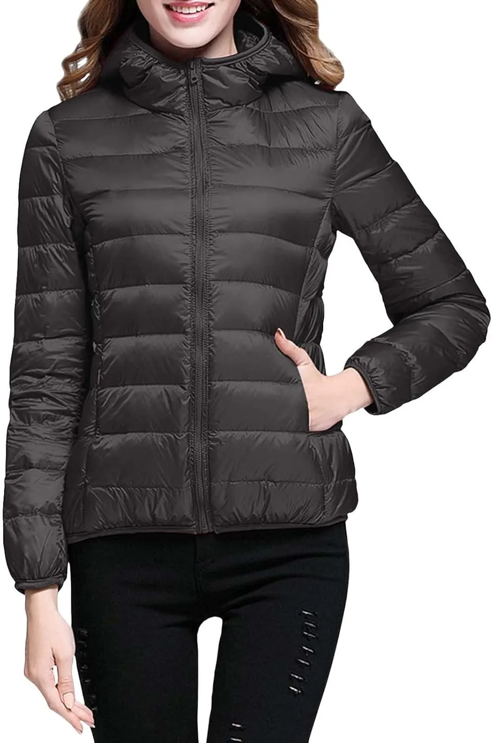 Lightweight Jacket for Women Short Button Down Hooded Jackets Trendy Slim Fit Bubble Coat Winter Warm Puffer Outwear
