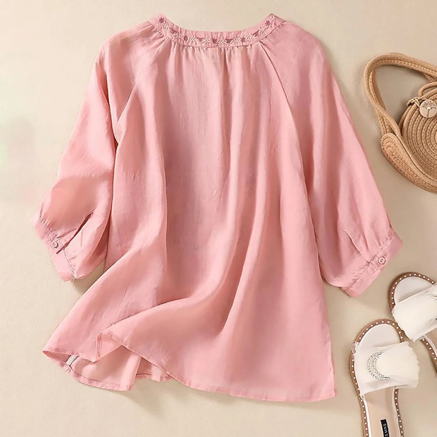 Linen Shirts for Women Summer 3/4 Sleeve Retro Embroidered Tops Plus Size Dressy Casual Boho Beach Vacation Blouse