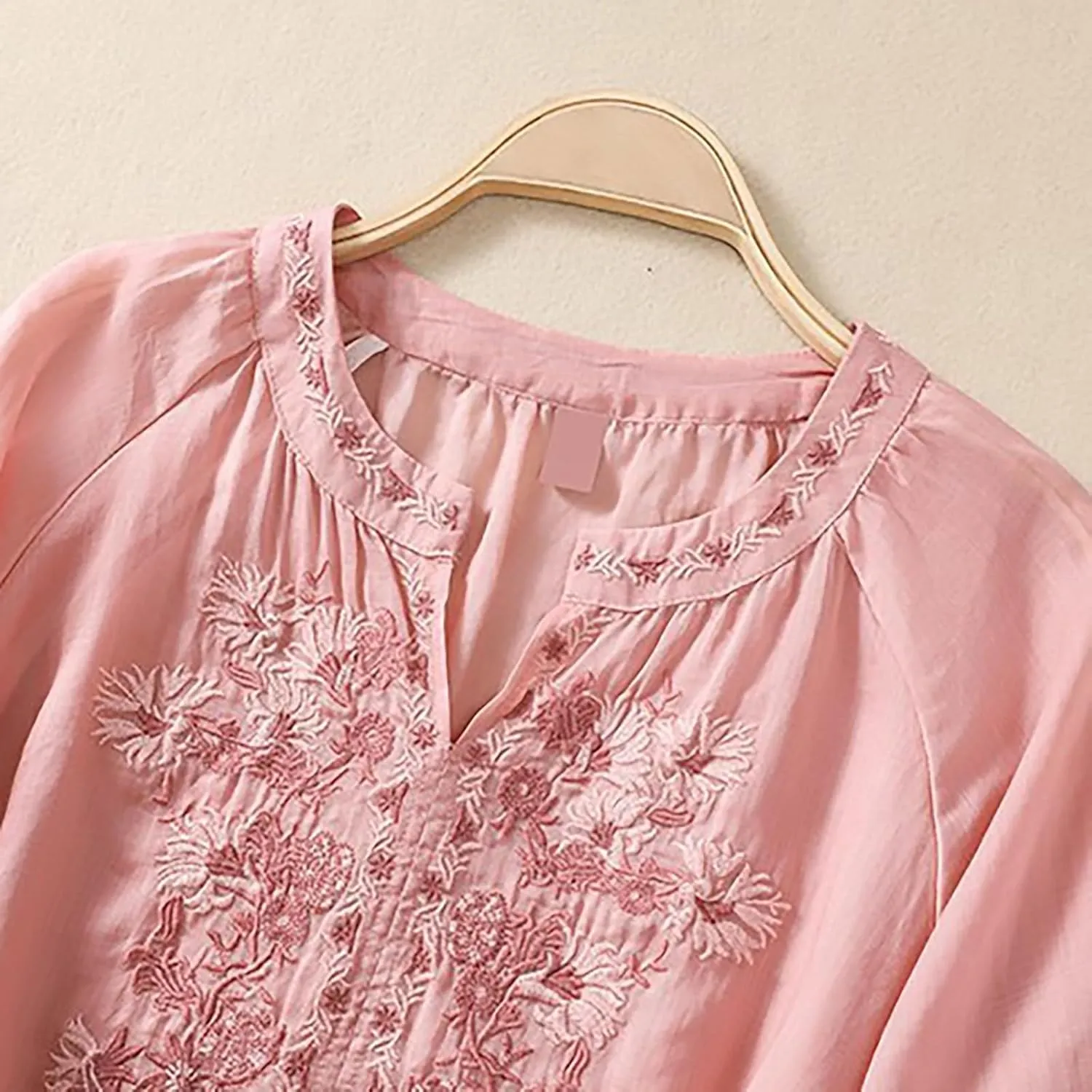 Linen Shirts for Women Summer 3/4 Sleeve Retro Embroidered Tops Plus Size Dressy Casual Boho Beach Vacation Blouse
