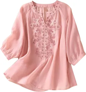 Linen Shirts for Women Summer 3/4 Sleeve Retro Embroidered Tops Plus Size Dressy Casual Boho Beach Vacation Blouse