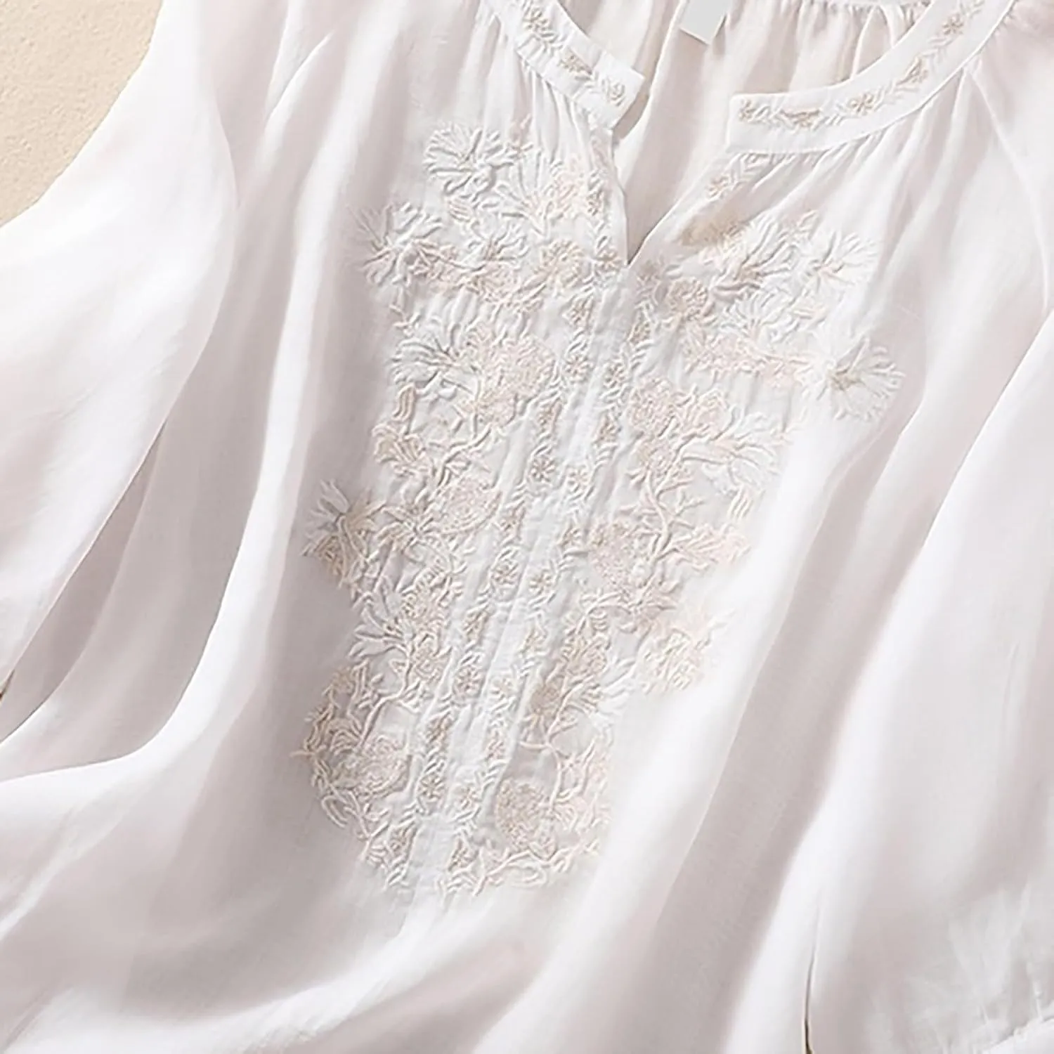 Linen Shirts for Women Summer 3/4 Sleeve Retro Embroidered Tops Plus Size Dressy Casual Boho Beach Vacation Blouse