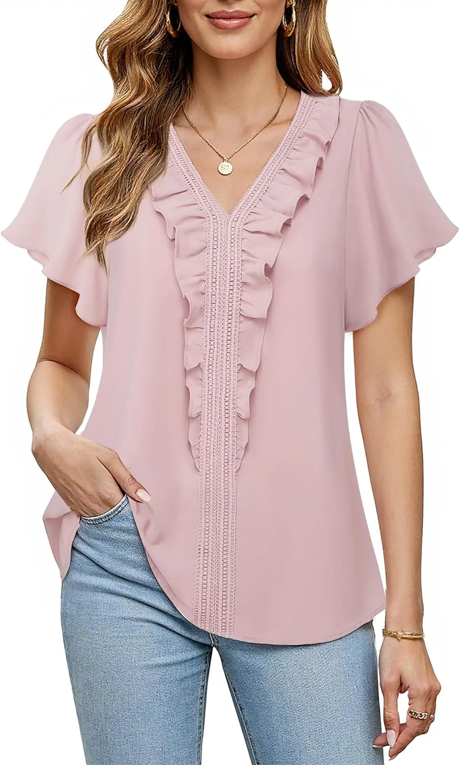 Lotusmile Womens Dressy Ruffle Tops Summer Chiffon V Neck Work Blouse Casual Flutter Short Sleeve Shirts
