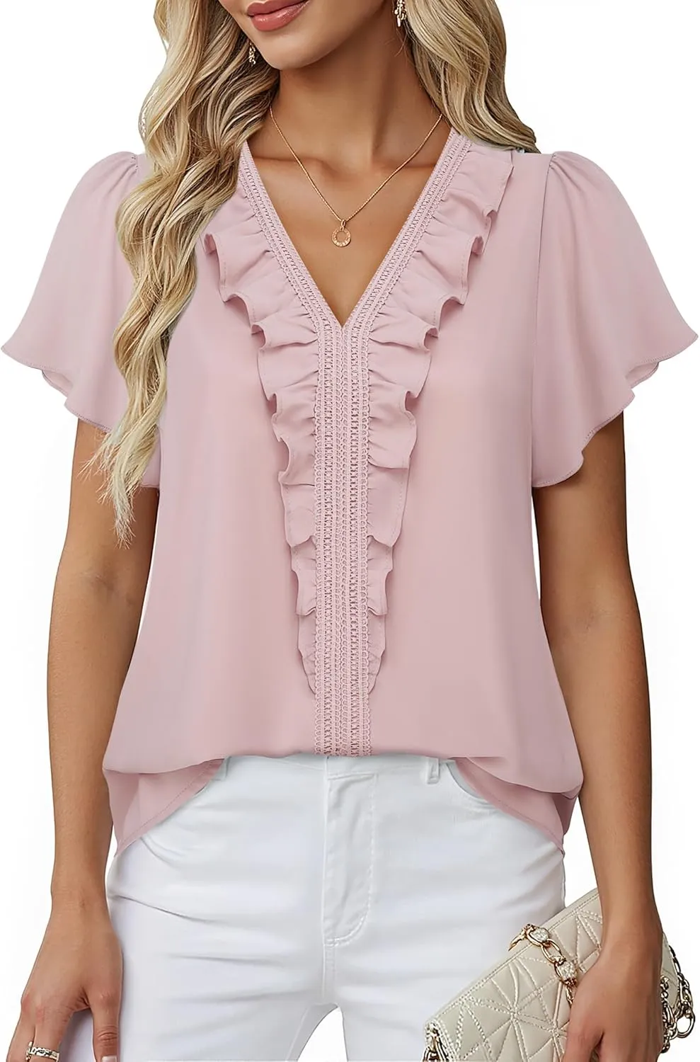 Lotusmile Womens Dressy Ruffle Tops Summer Chiffon V Neck Work Blouse Casual Flutter Short Sleeve Shirts