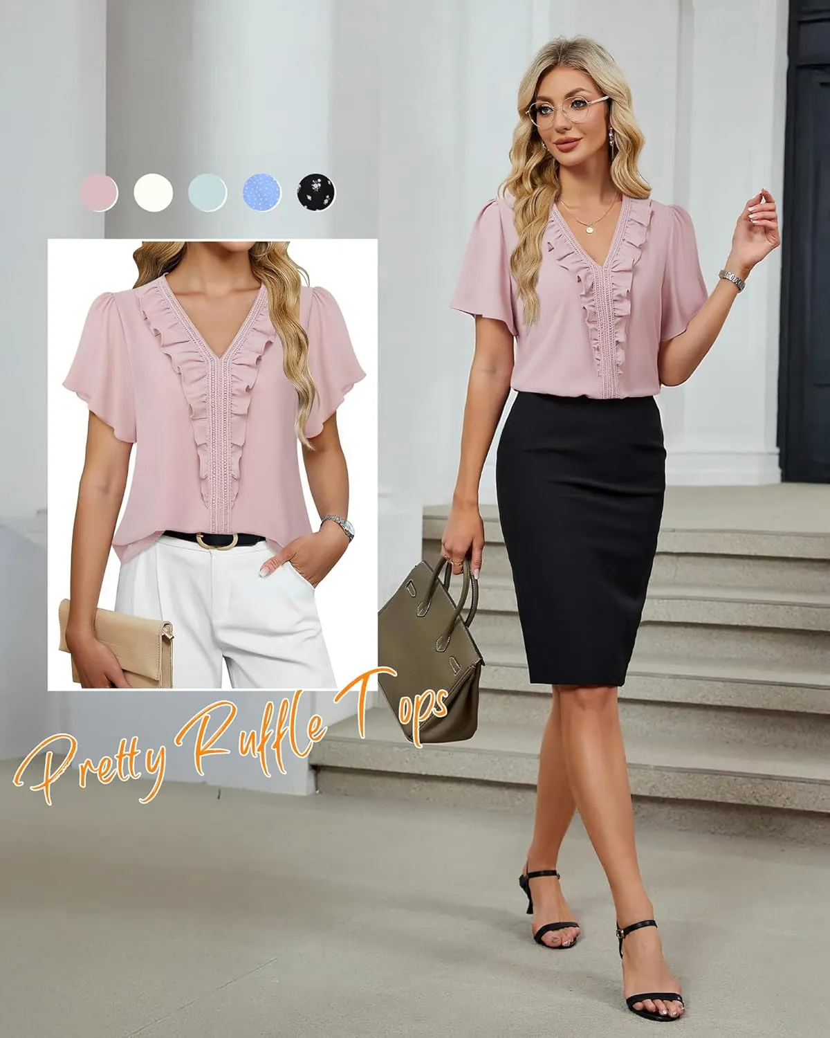 Lotusmile Womens Dressy Ruffle Tops Summer Chiffon V Neck Work Blouse Casual Flutter Short Sleeve Shirts