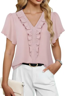 Lotusmile Womens Dressy Ruffle Tops Summer Chiffon V Neck Work Blouse Casual Flutter Short Sleeve Shirts