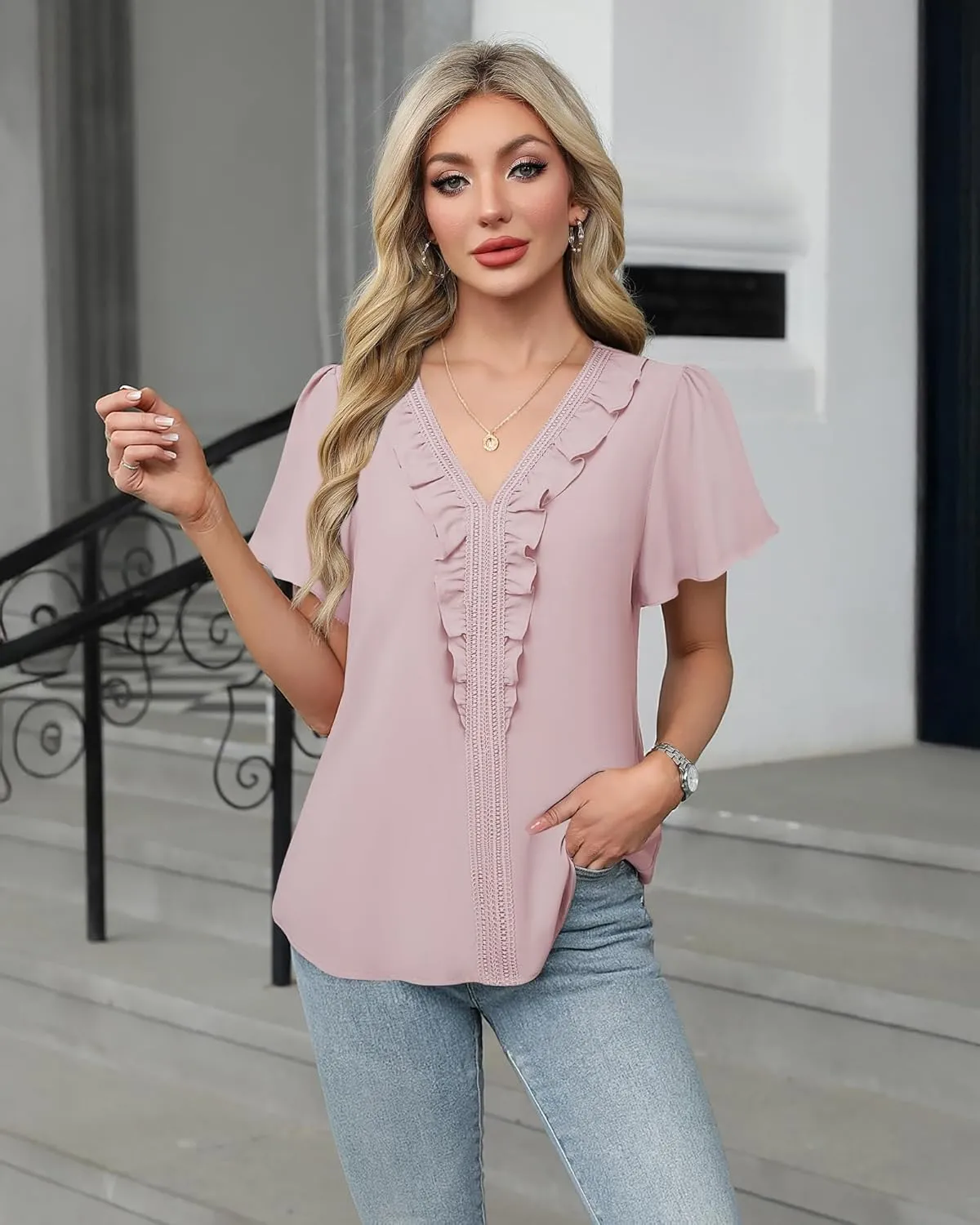 Lotusmile Womens Dressy Ruffle Tops Summer Chiffon V Neck Work Blouse Casual Flutter Short Sleeve Shirts