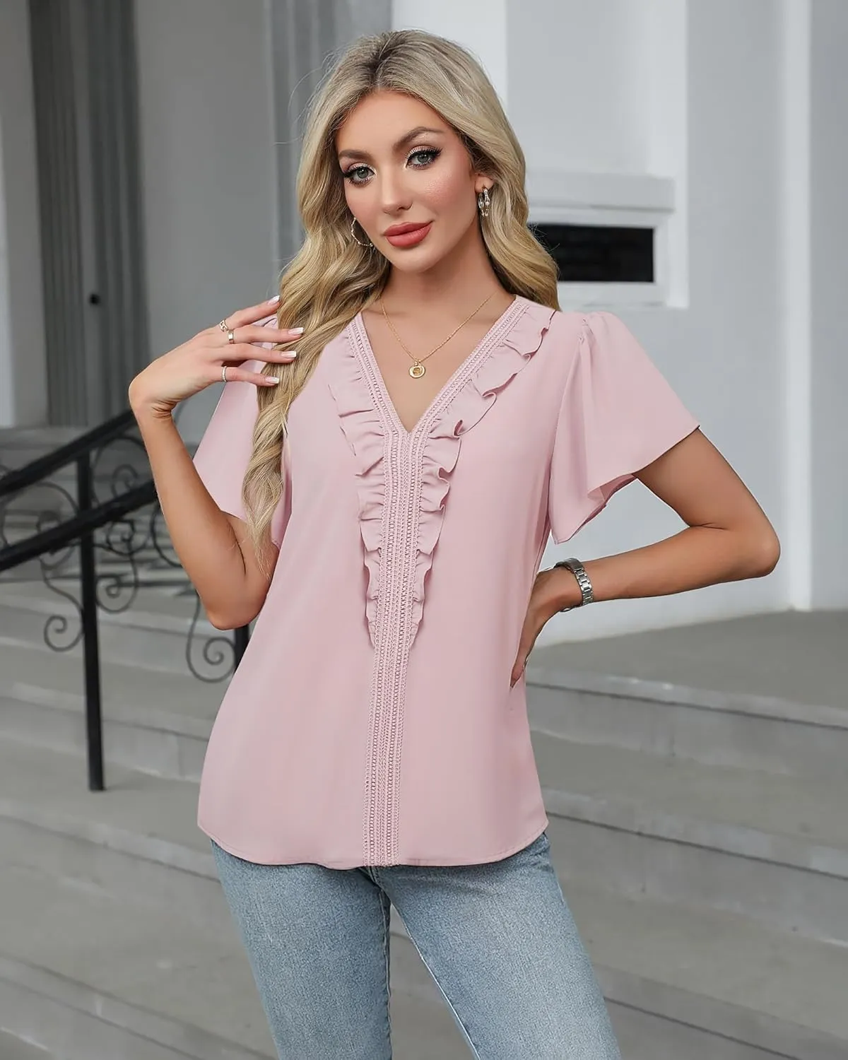 Lotusmile Womens Dressy Ruffle Tops Summer Chiffon V Neck Work Blouse Casual Flutter Short Sleeve Shirts