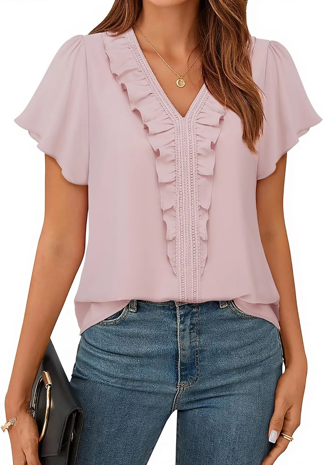 Lotusmile Womens Dressy Ruffle Tops Summer Chiffon V Neck Work Blouse Casual Flutter Short Sleeve Shirts