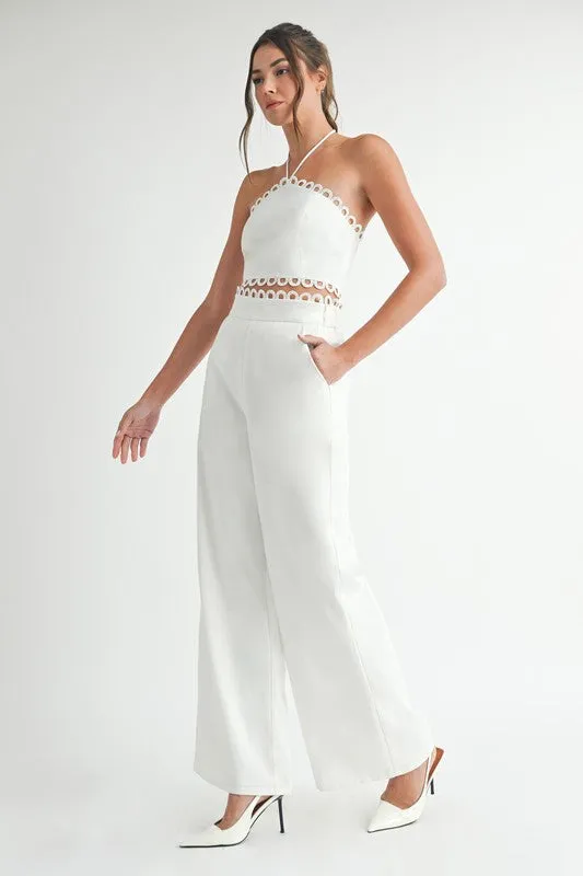 Lucia Sleeveless Halter Tie Scallop Trim Linen Top And Pants Set White
