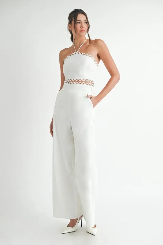 Lucia Sleeveless Halter Tie Scallop Trim Linen Top And Pants Set White