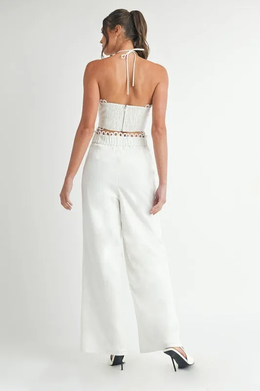 Lucia Sleeveless Halter Tie Scallop Trim Linen Top And Pants Set White
