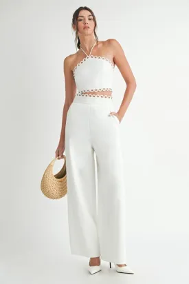 Lucia Sleeveless Halter Tie Scallop Trim Linen Top And Pants Set White