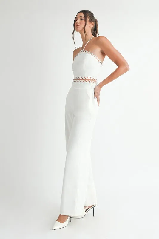 Lucia Sleeveless Halter Tie Scallop Trim Linen Top And Pants Set White