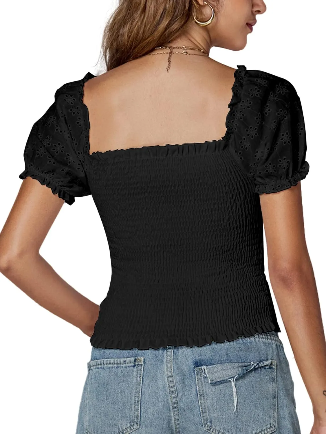 LYANER Women's Square Neck Shirred Eyelet Embroidered Puff Short Sleeve Ruffle Trim Blouse Crop Top