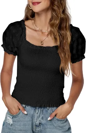 LYANER Women's Square Neck Shirred Eyelet Embroidered Puff Short Sleeve Ruffle Trim Blouse Crop Top