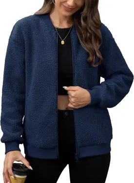 MAGCOMSEN Women's Sherpa Fleece Jacket Long Sleeve Fuzzy Comfy Fall Coat Bomber Zip Up Winter Jackets with Pockets