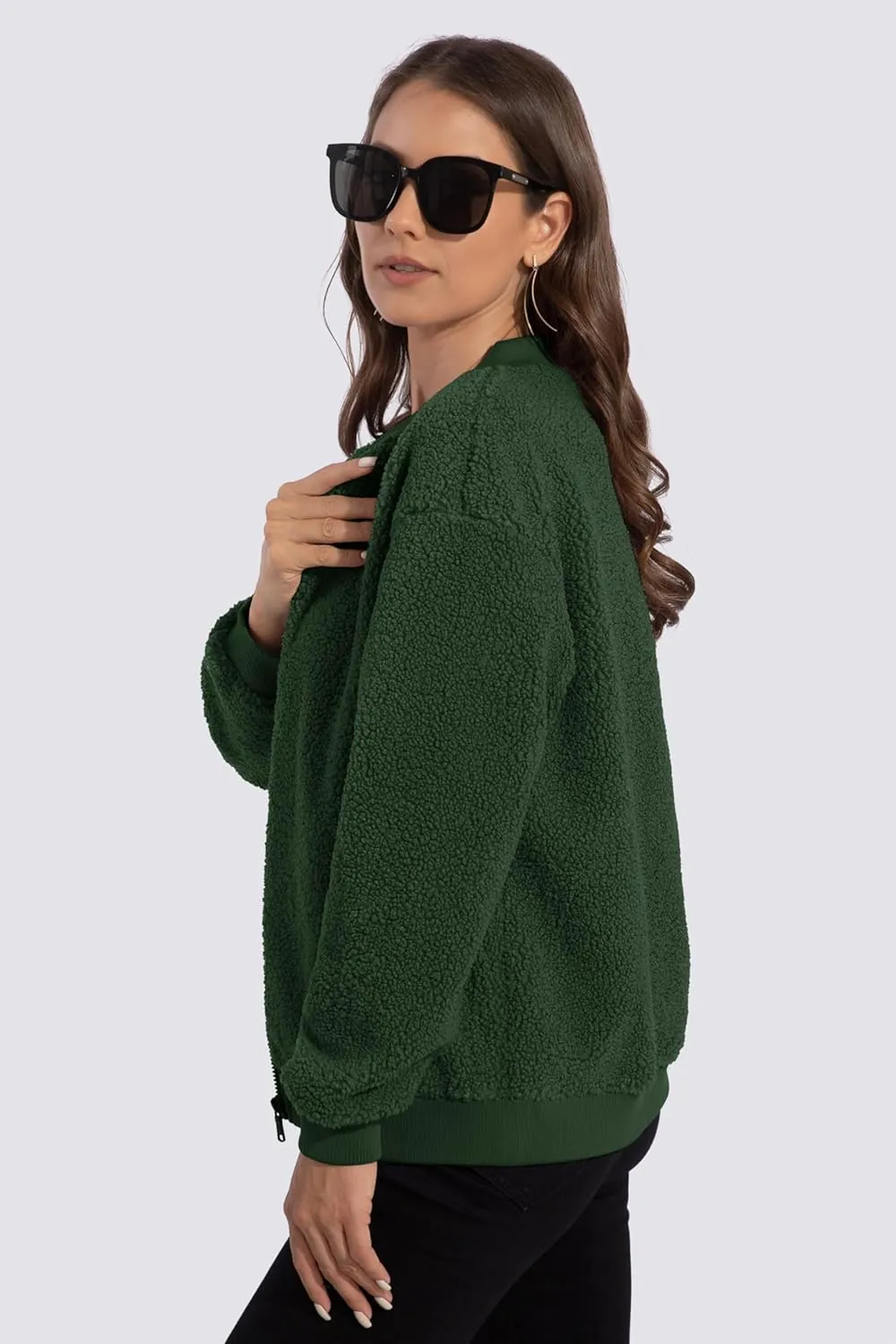 MAGCOMSEN Women's Sherpa Fleece Jacket Long Sleeve Fuzzy Comfy Fall Coat Bomber Zip Up Winter Jackets with Pockets