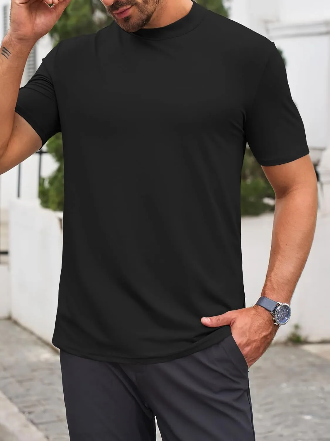 Makkrom Mens Mock Turtleneck T-Shirts Summer Short Sleeve Basic Tees Casual Solid Pullover Tops