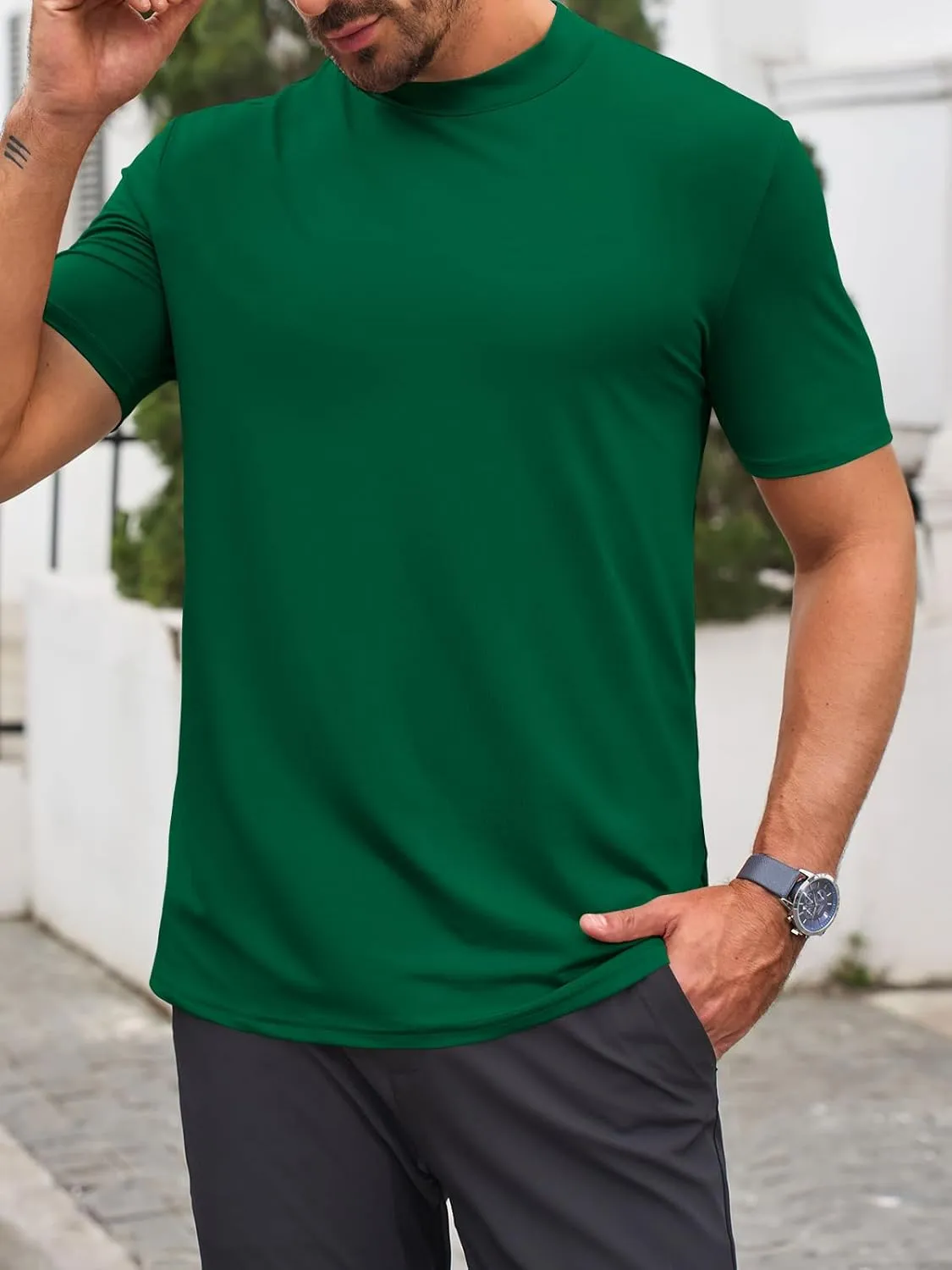Makkrom Mens Mock Turtleneck T-Shirts Summer Short Sleeve Basic Tees Casual Solid Pullover Tops