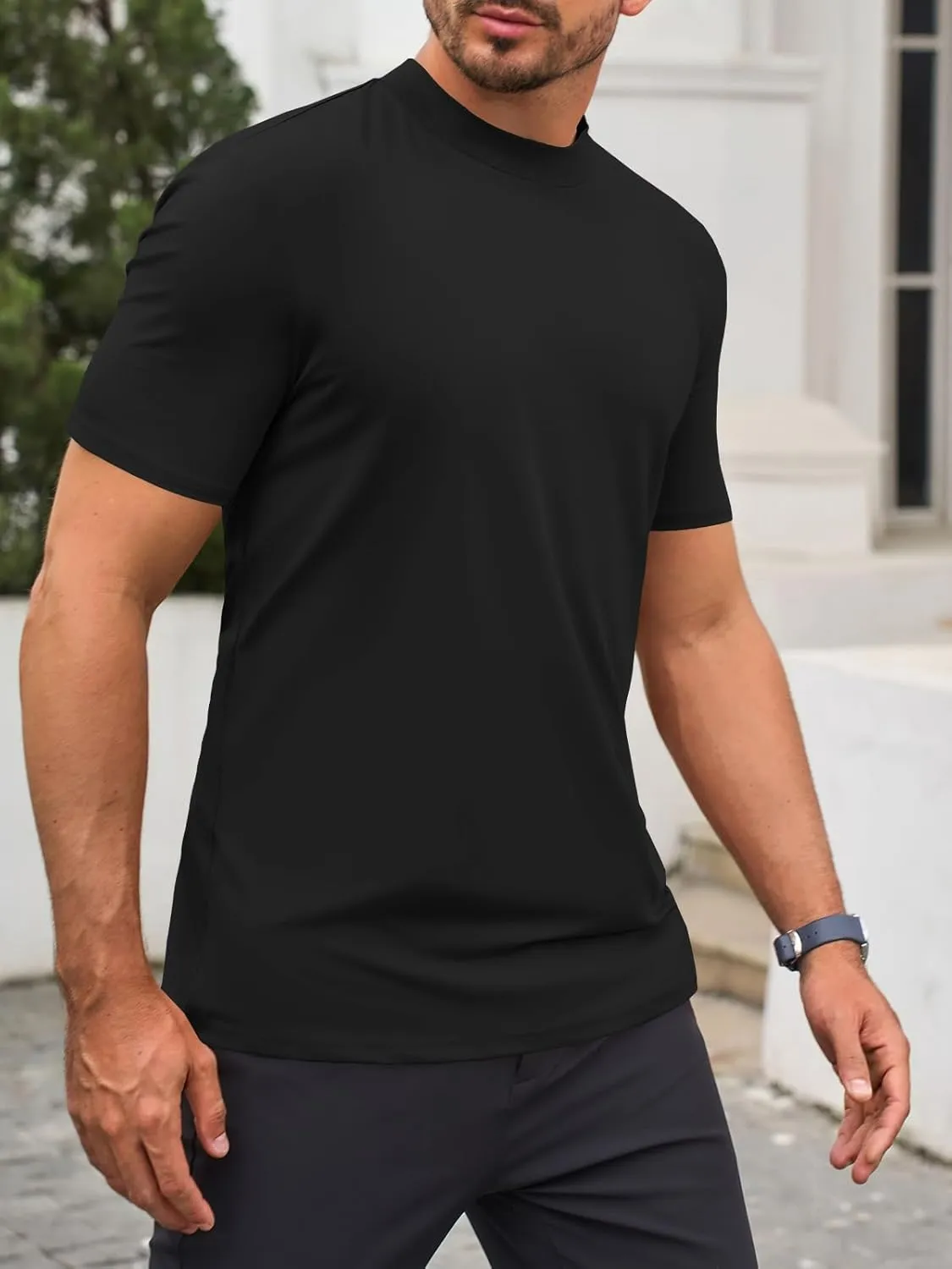 Makkrom Mens Mock Turtleneck T-Shirts Summer Short Sleeve Basic Tees Casual Solid Pullover Tops
