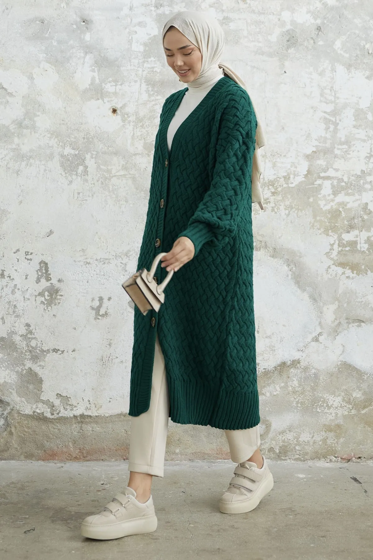 MDS Women Arena Long Braided Buttoned Cardigan - Emerald Green - North Brunswick