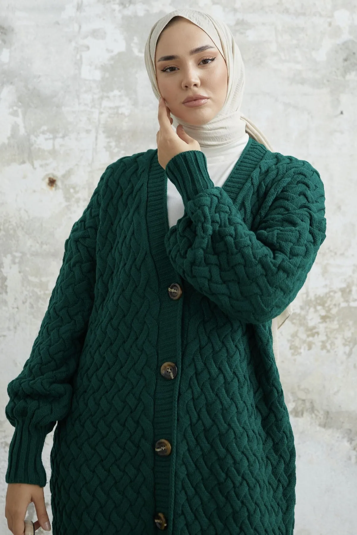 MDS Women Arena Long Braided Buttoned Cardigan - Emerald Green - North Brunswick