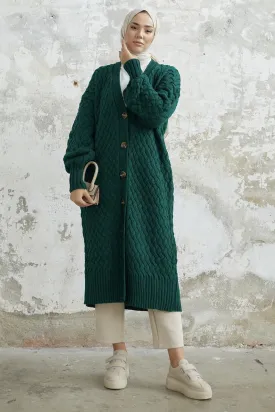 MDS Women Arena Long Braided Buttoned Cardigan - Emerald Green - North Brunswick