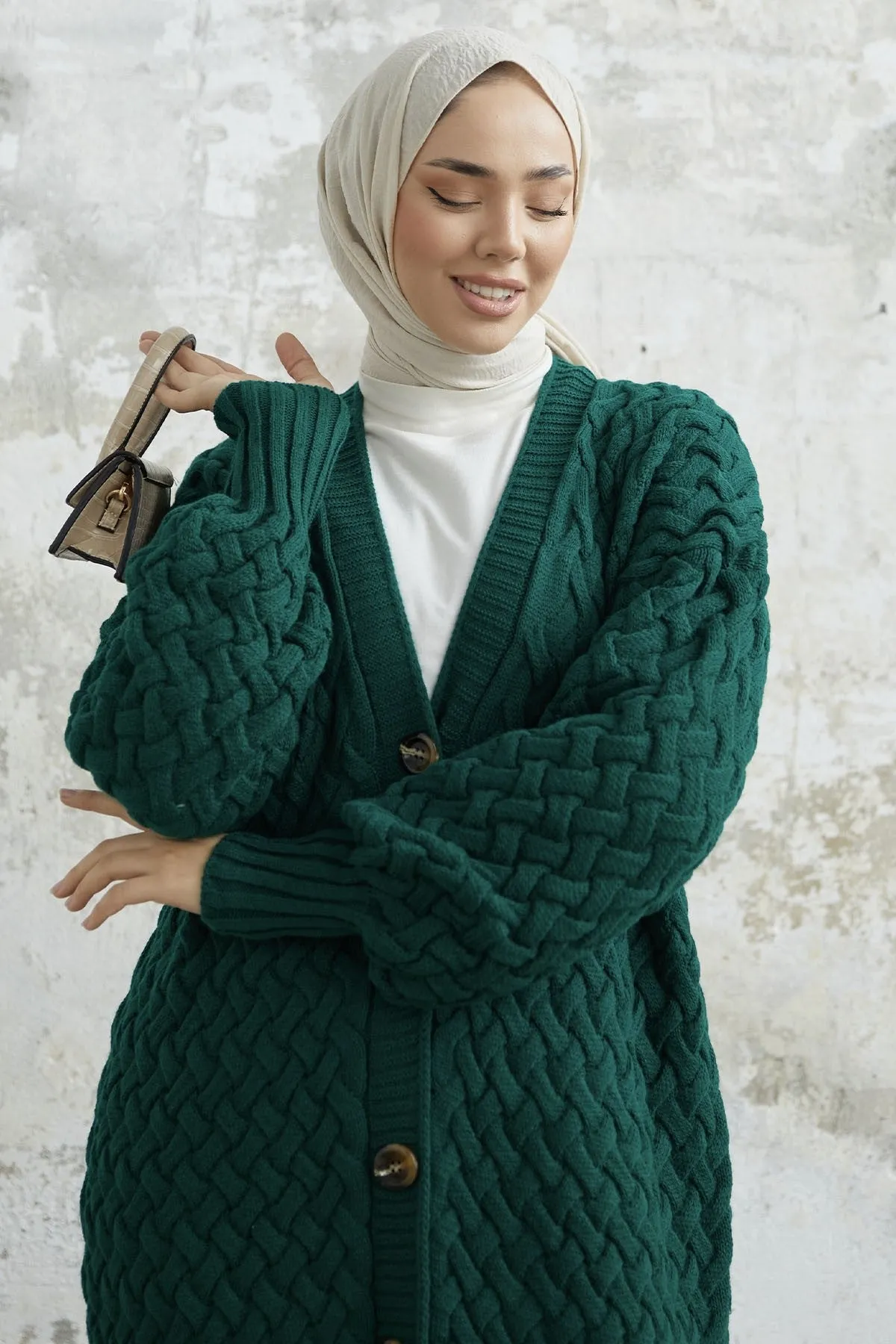 MDS Women Arena Long Braided Buttoned Cardigan - Emerald Green - North Brunswick