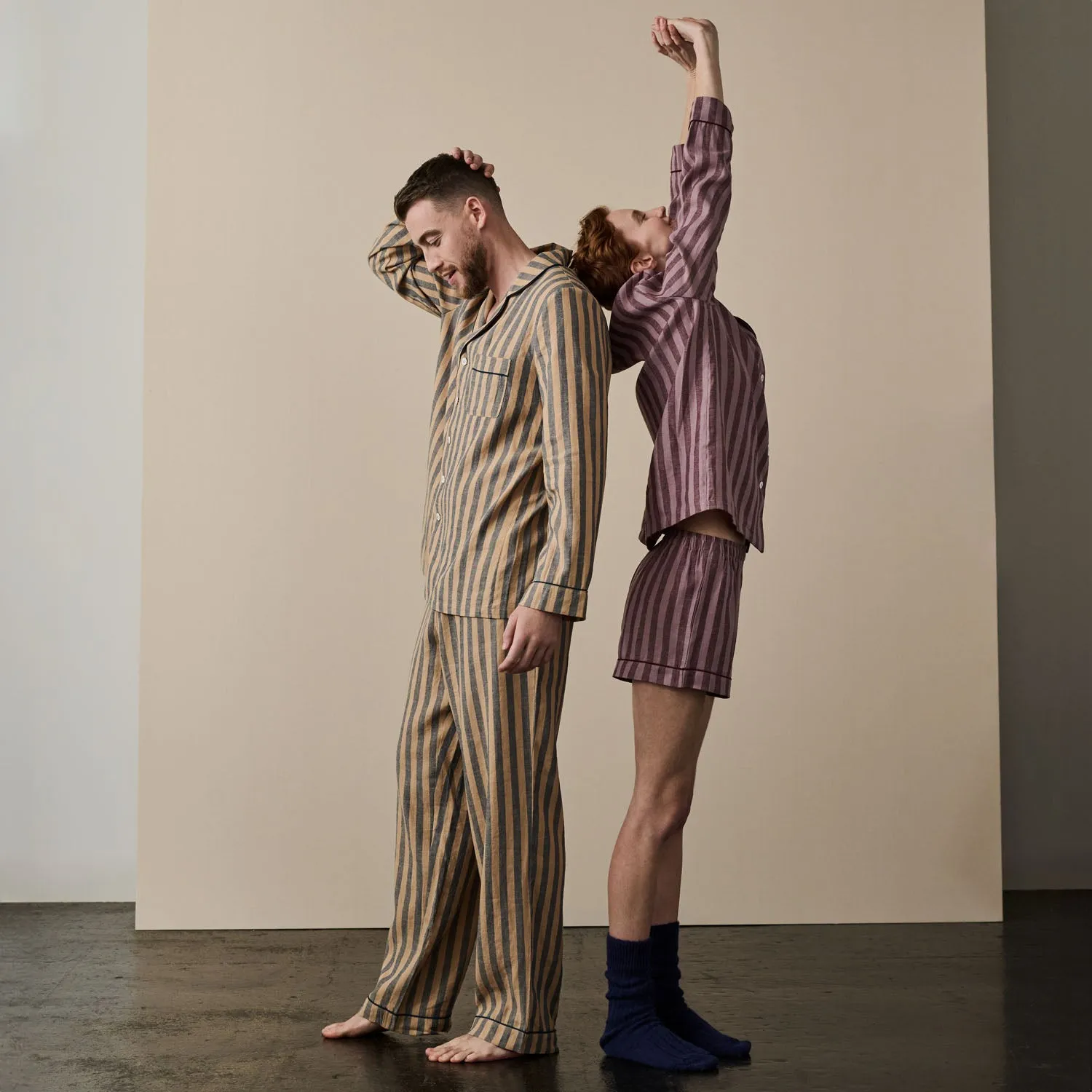 Men's Blue & Porcini Striped Linen Pajama Set