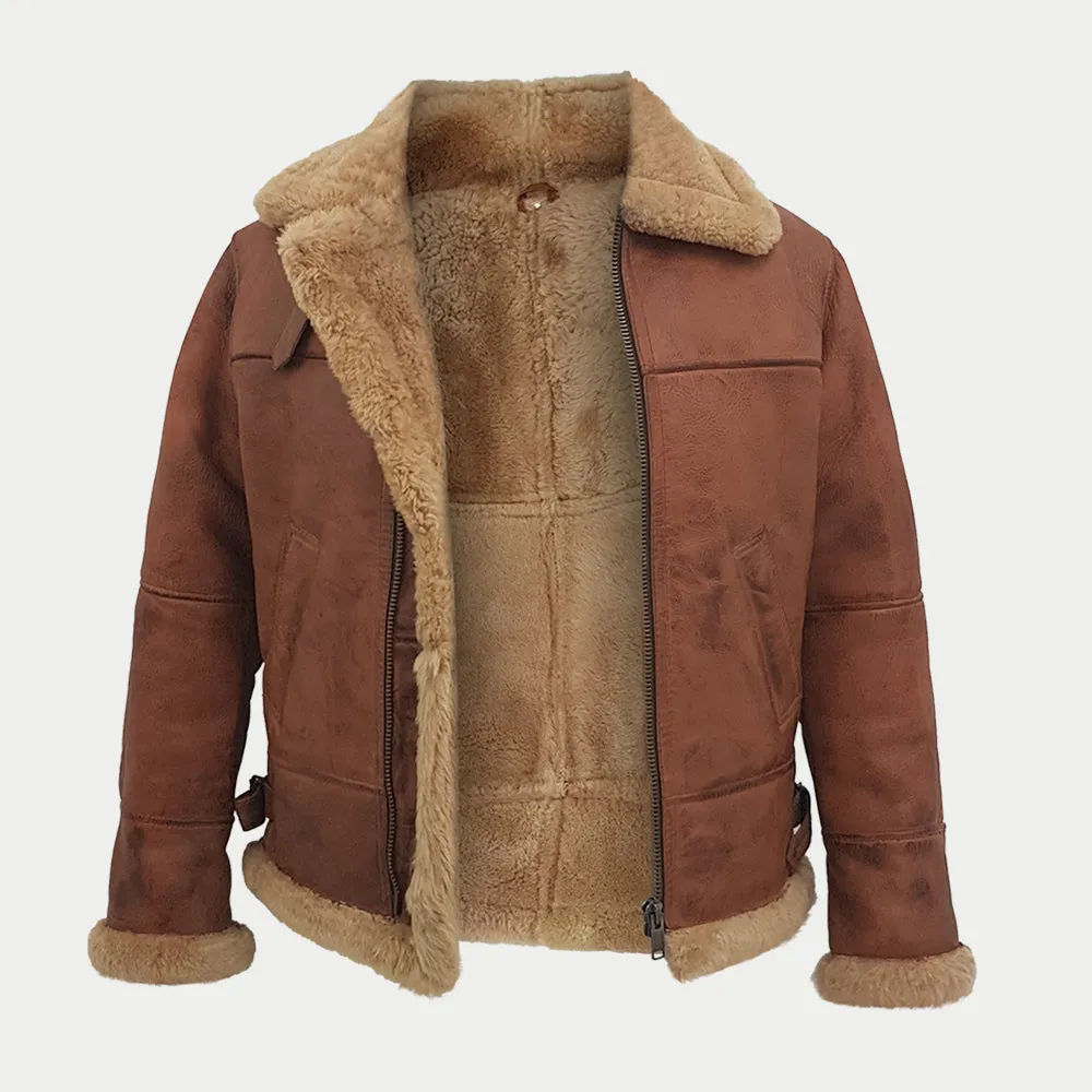 Men's Brown Fur Collar Real Leather Pilot Aviator Bomber Jacket