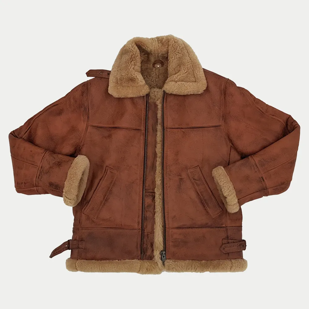 Men's Brown Fur Collar Real Leather Pilot Aviator Bomber Jacket