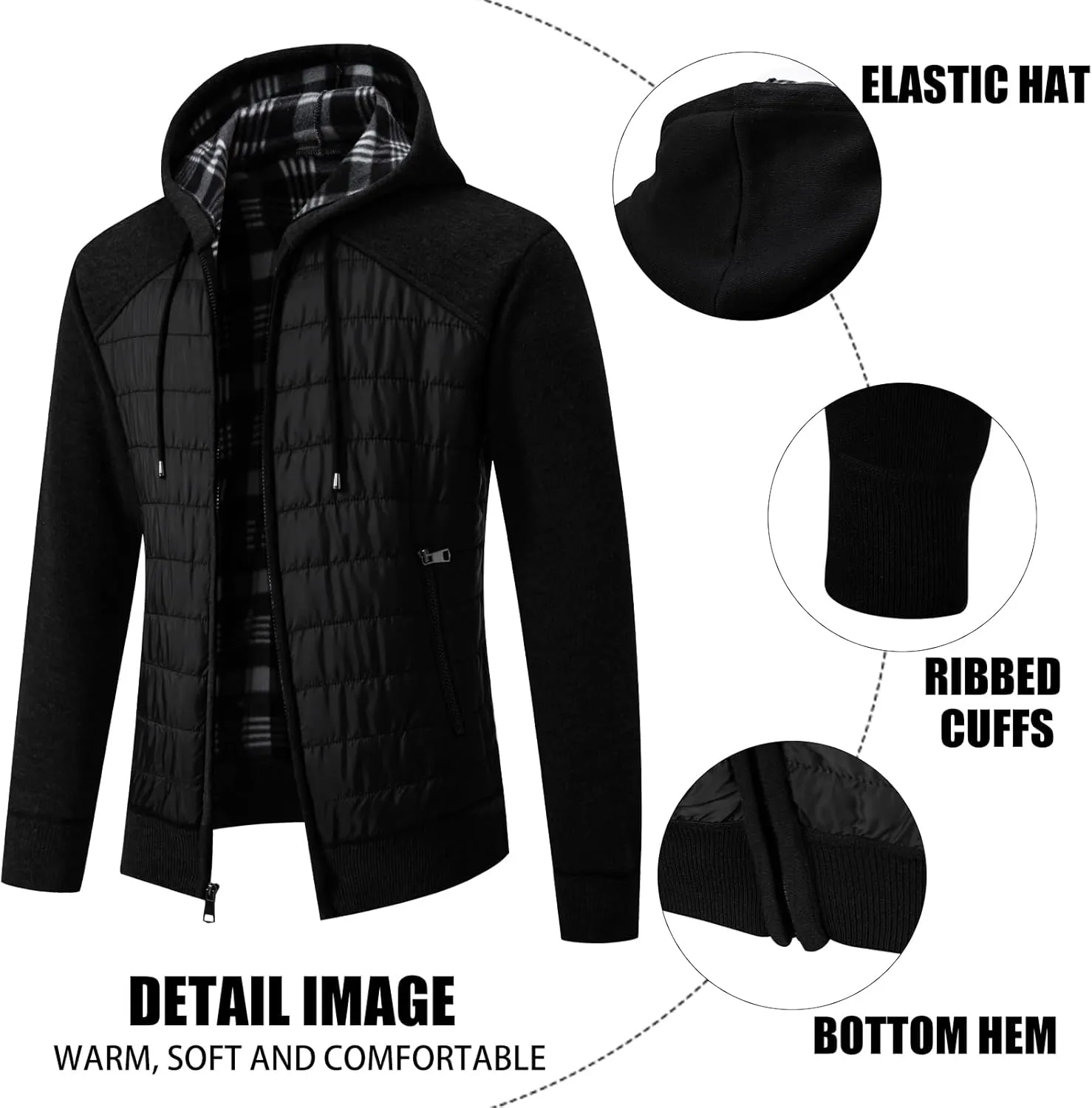 Men's Fleece Full-Zip Hoodie Cardigan Sweater Knit Hooded Casual Regular Fit Sweatshirt with Pocket