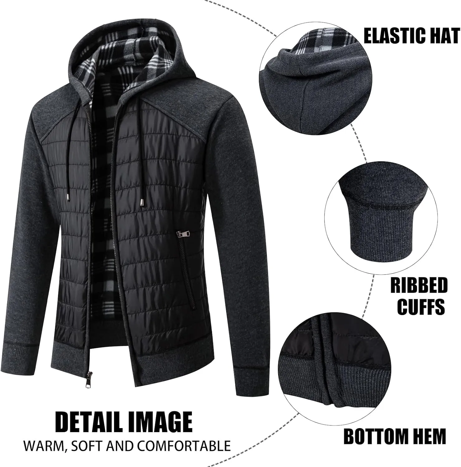 Men's Fleece Full-Zip Hoodie Cardigan Sweater Knit Hooded Casual Regular Fit Sweatshirt with Pocket