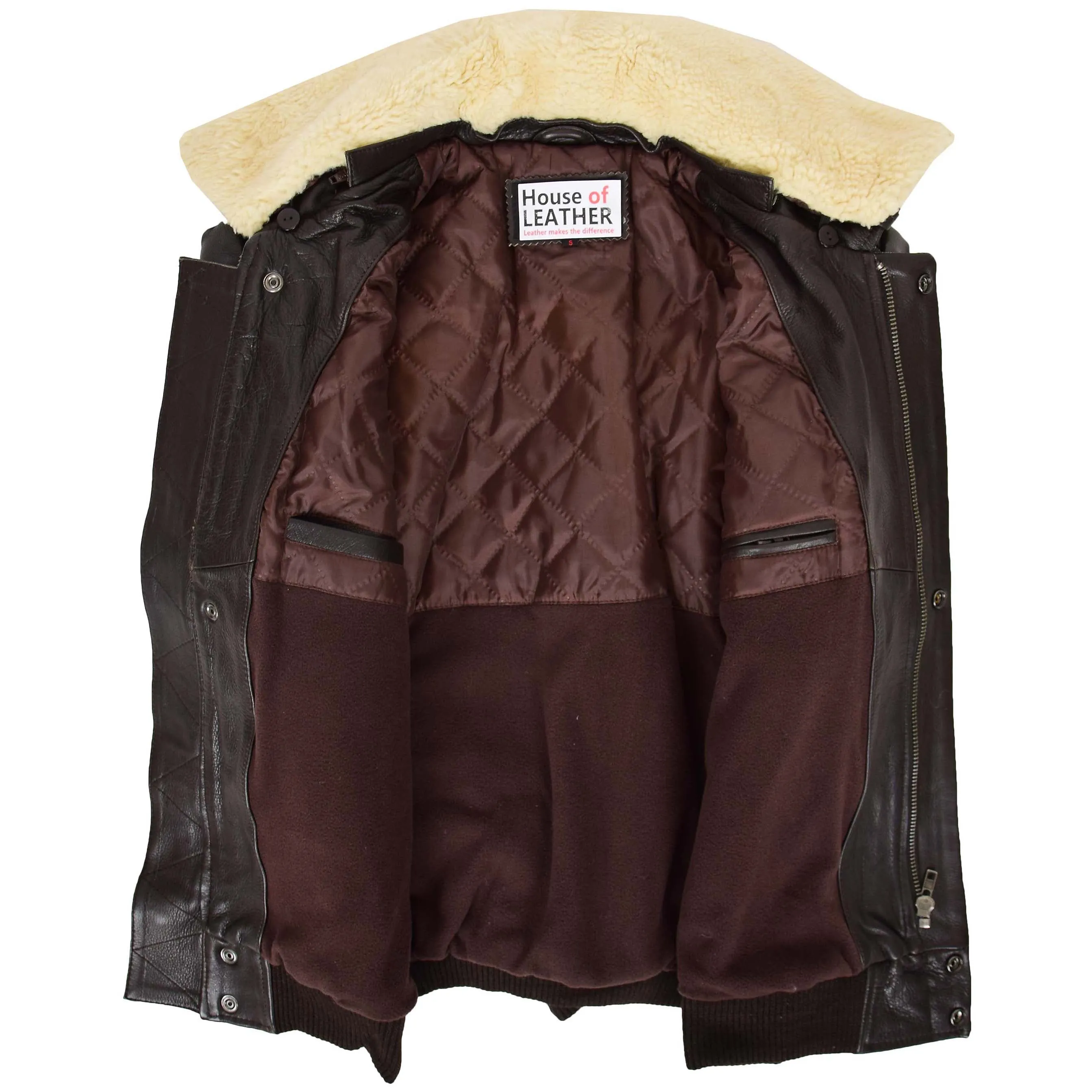 Mens Leather Jacket with Detachable Collar Pilot-N Brown