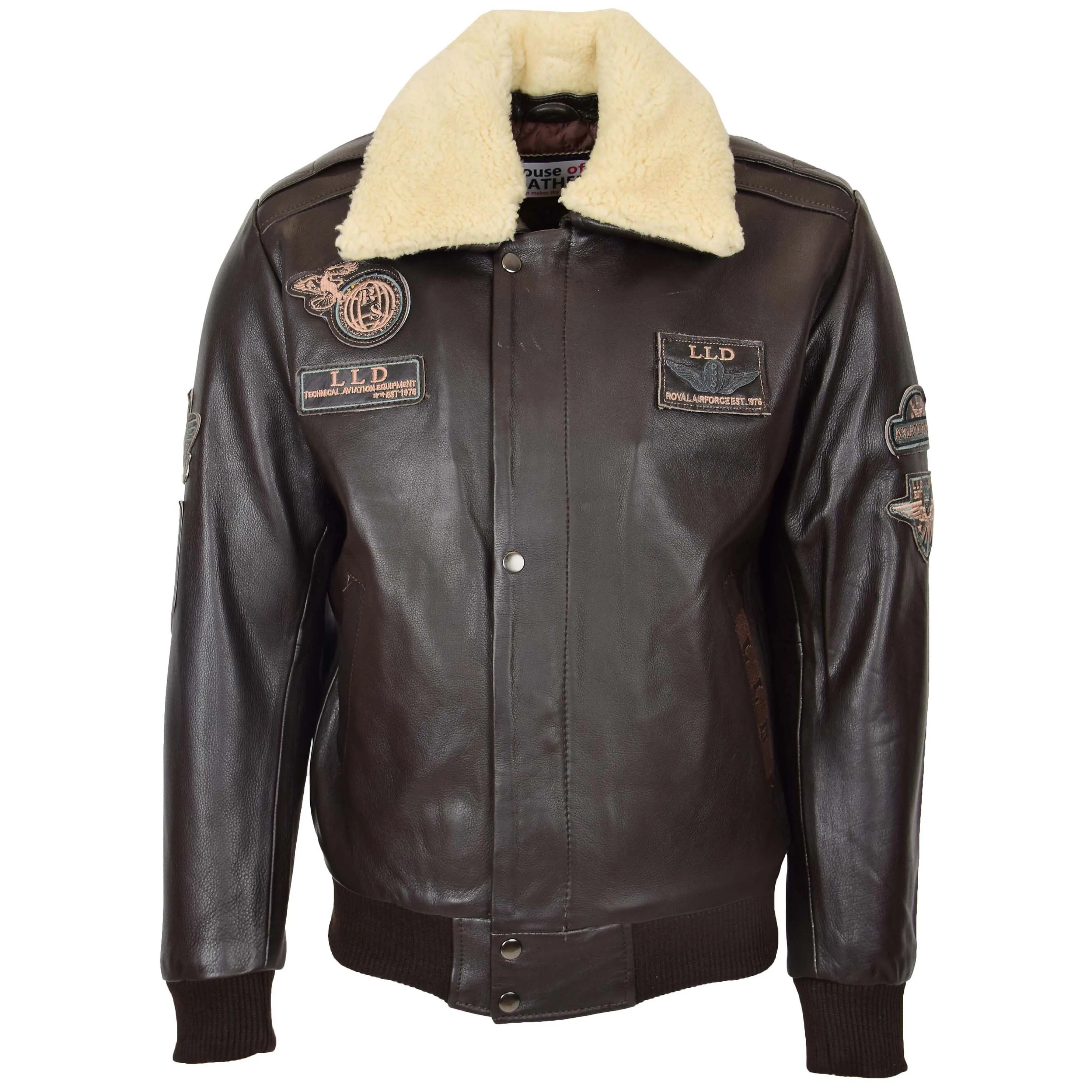 Mens Leather Jacket with Detachable Collar Pilot-N Brown