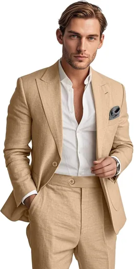 Mens Linen Suit 2 Piece Summer Casual Business Slim Fit Blazer Set for Beach Weddings Parties Tuxedo Jacket Pants