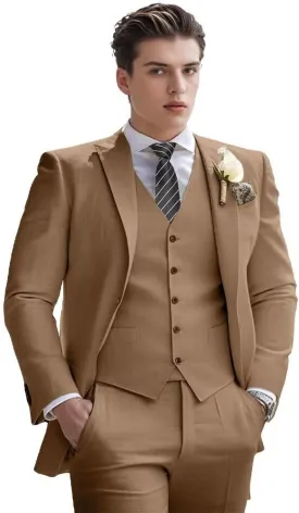 Men's Linen Suit 3 Piece Summer Slim Fit Retro Blazer Suits Set Beach Wedding Party Groomsmen Prom Jacket Vest Pants