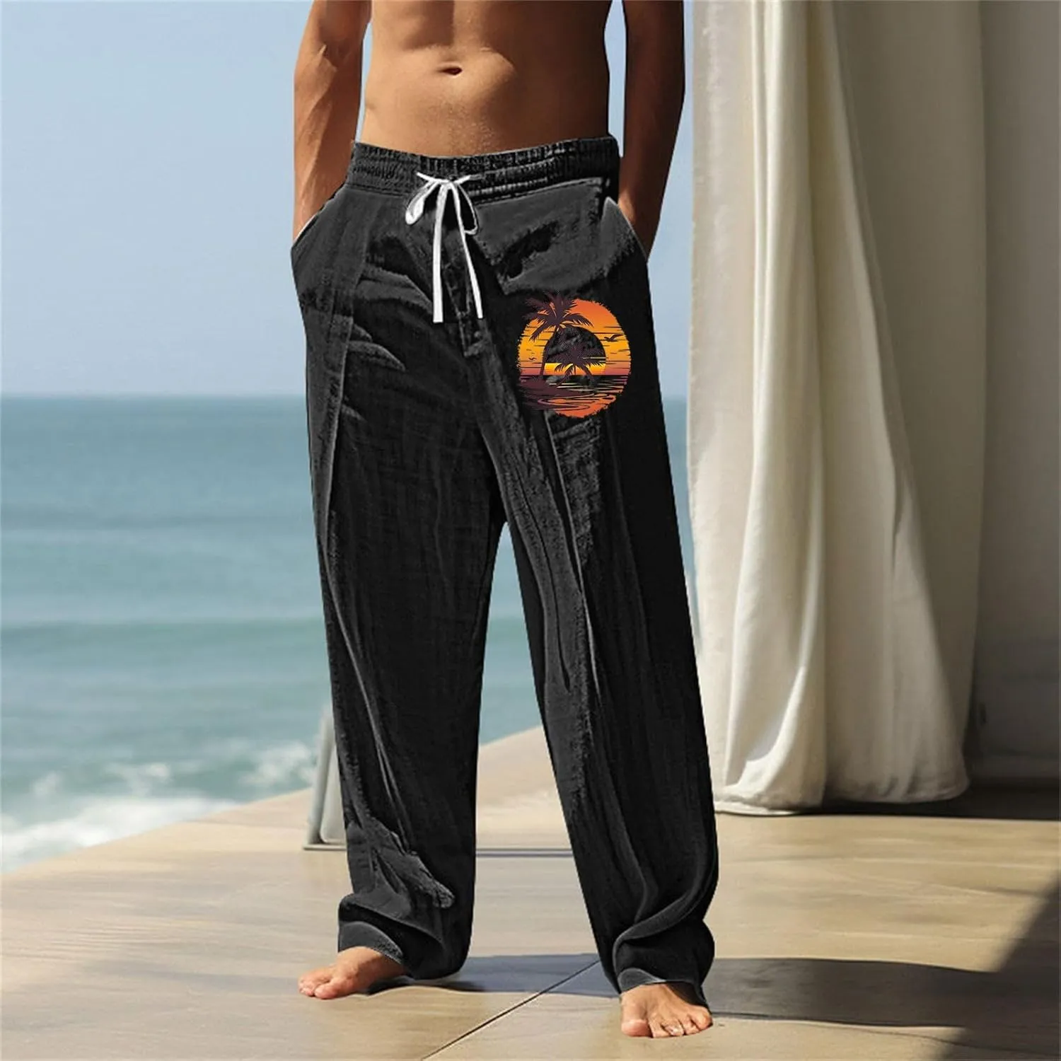 Men's Tropical Coconut Sweatpants Hawaiian Beach Vacation Pants Comfy Lounge Breathable Relaxed Fit Drawstring