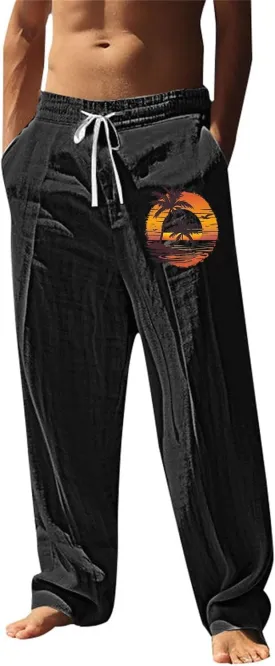 Men's Tropical Coconut Sweatpants Hawaiian Beach Vacation Pants Comfy Lounge Breathable Relaxed Fit Drawstring