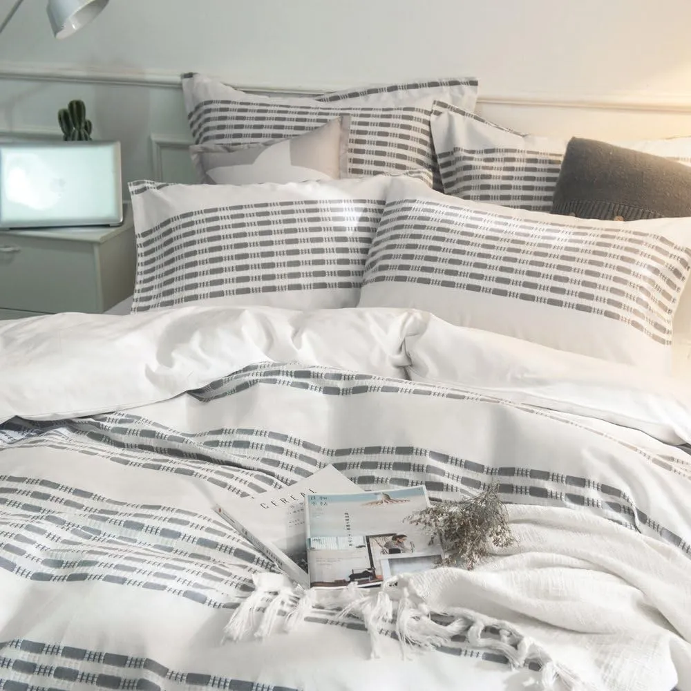 Merryfeel Cotton Duvet Cover Set King Size,100% Cotton Yarn Dyed Textured Striped Duvet Cover and Pillowshams Grey Color,3 Pieces Bedding Set