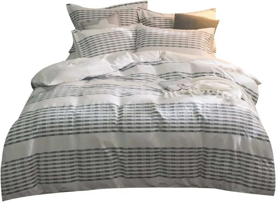Merryfeel Cotton Duvet Cover Set King Size,100% Cotton Yarn Dyed Textured Striped Duvet Cover and Pillowshams Grey Color,3 Pieces Bedding Set