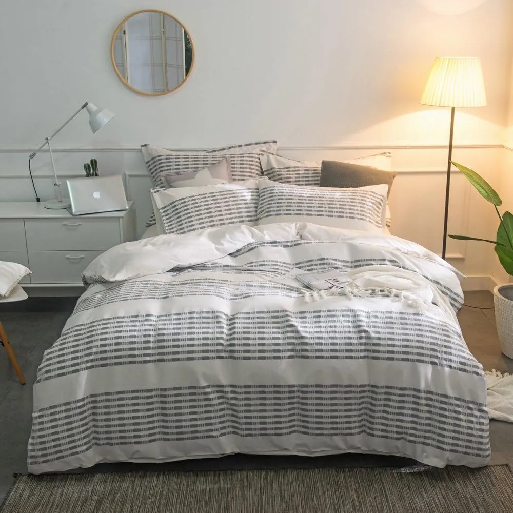 Merryfeel Cotton Duvet Cover Set King Size,100% Cotton Yarn Dyed Textured Striped Duvet Cover and Pillowshams Grey Color,3 Pieces Bedding Set