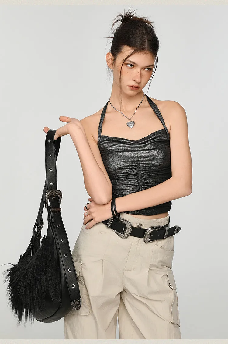 Metallic Ruched Halter Neck Crop Top