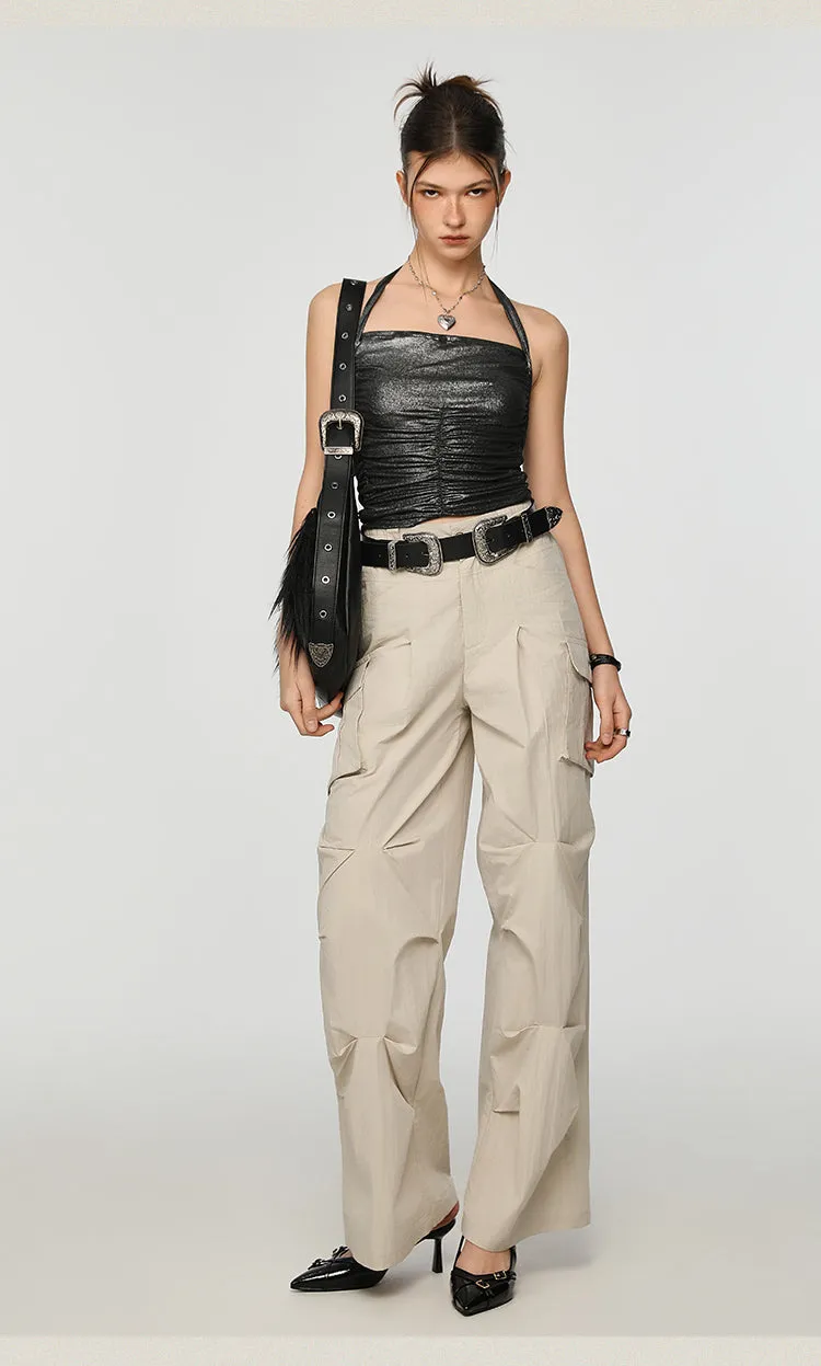 Metallic Ruched Halter Neck Crop Top