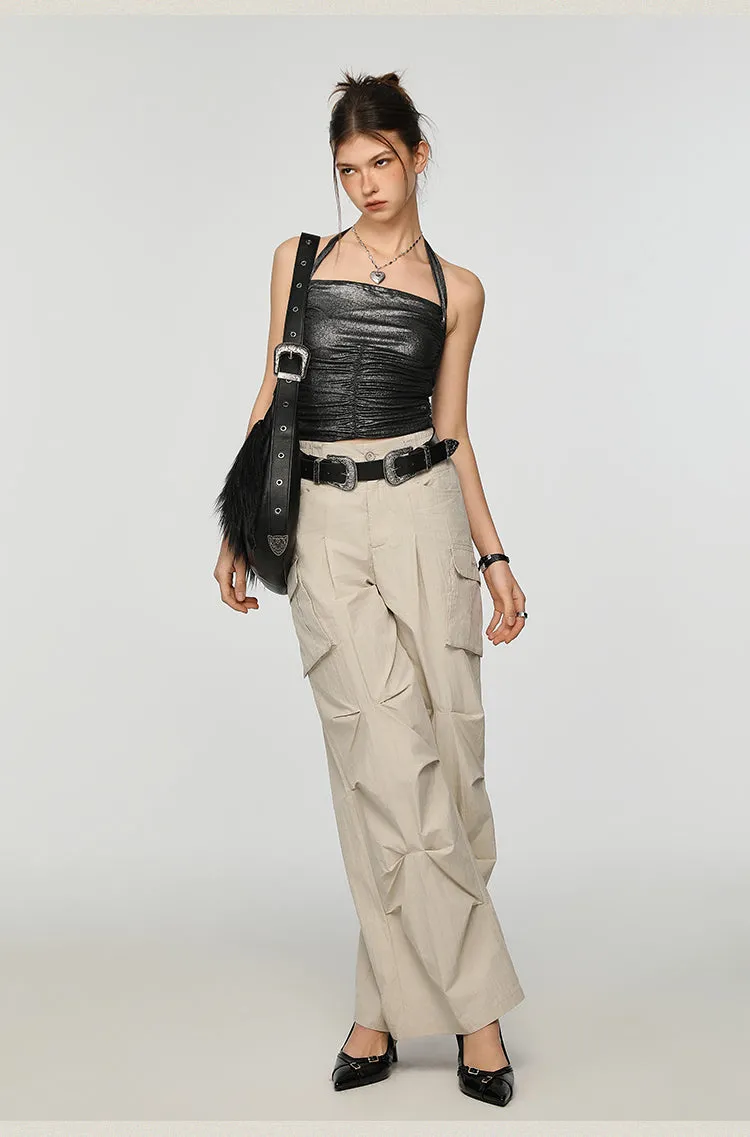 Metallic Ruched Halter Neck Crop Top