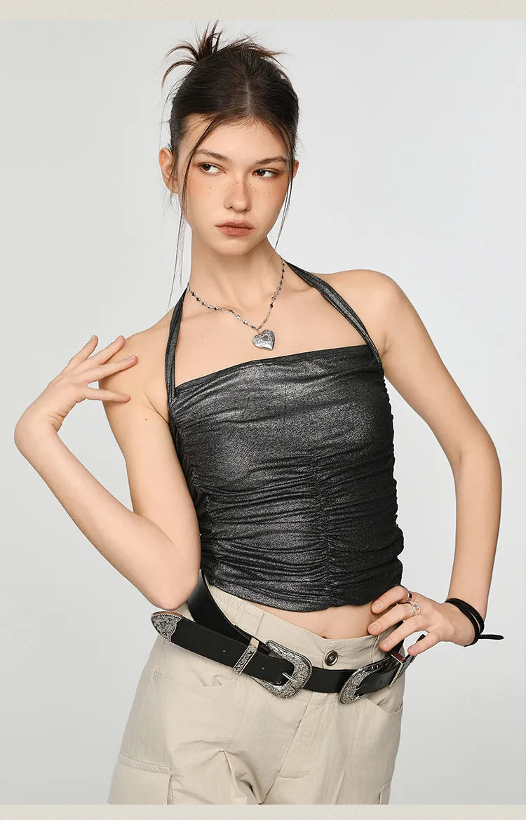 Metallic Ruched Halter Neck Crop Top