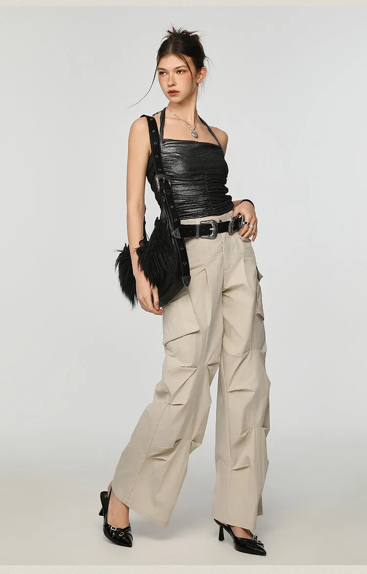 Metallic Ruched Halter Neck Crop Top