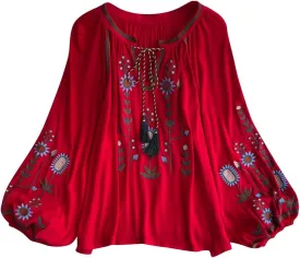 Mexican Embroidered Shirt for Women Causal Top Women's Lantern Sleeve Round Neck Fringe Blouse