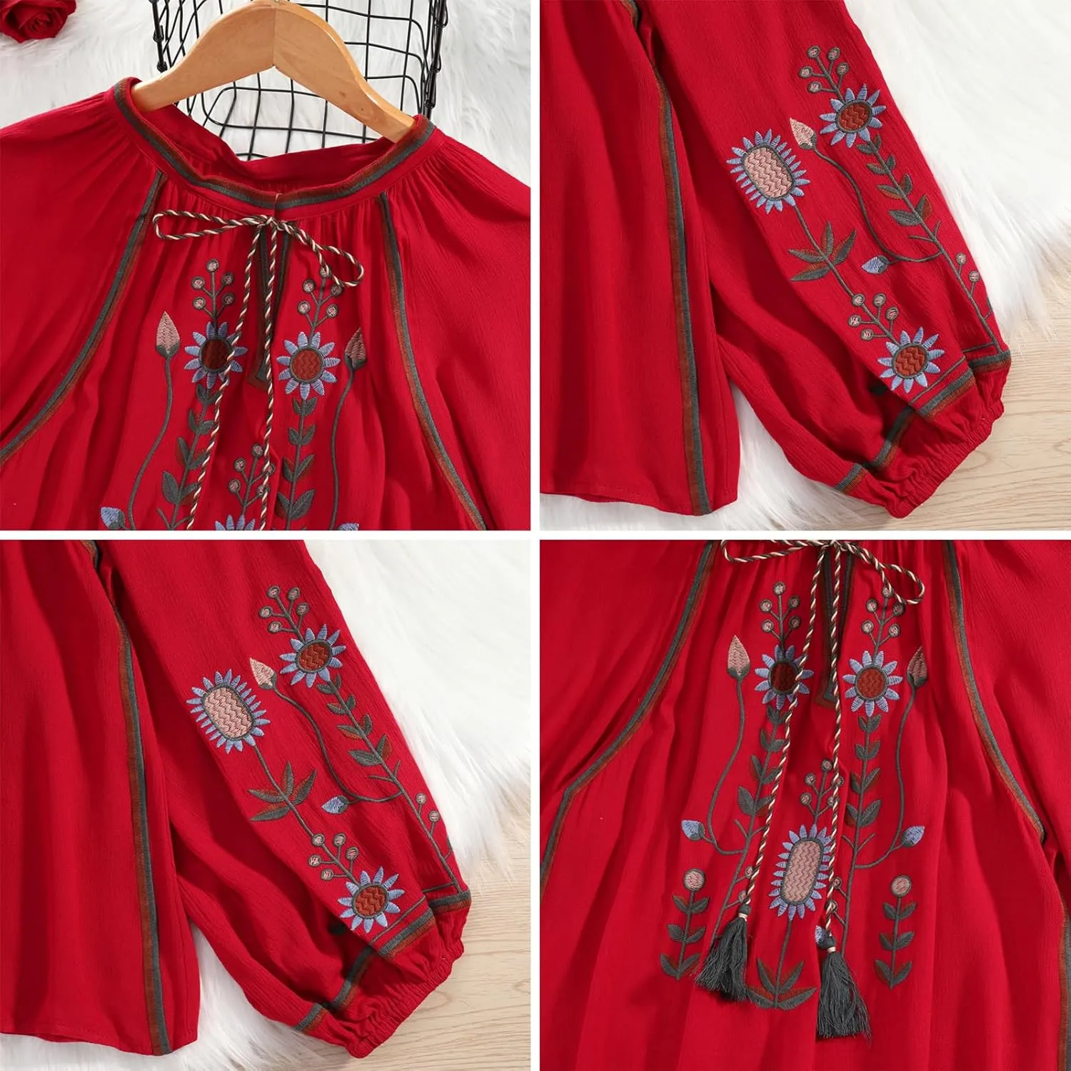 Mexican Embroidered Shirt for Women Causal Top Women's Lantern Sleeve Round Neck Fringe Blouse